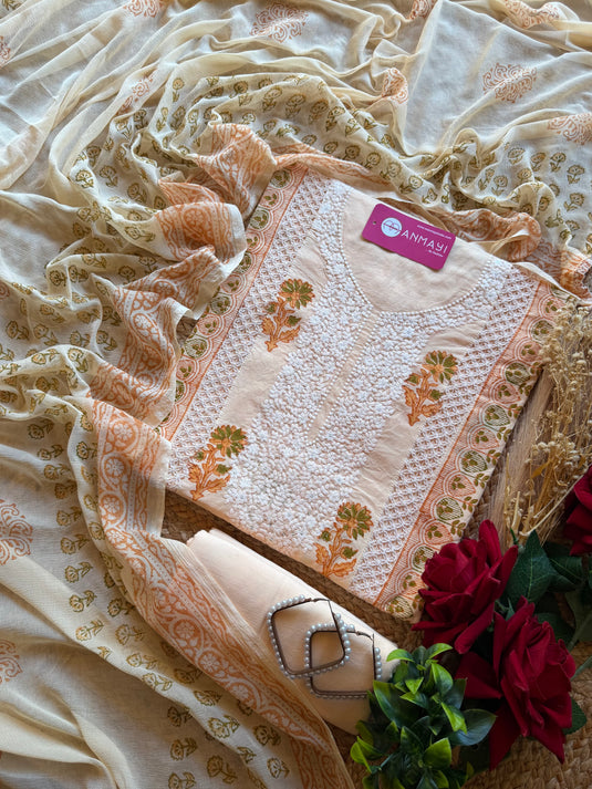 Block print embroidery neck suits with pure chiffon dupatta