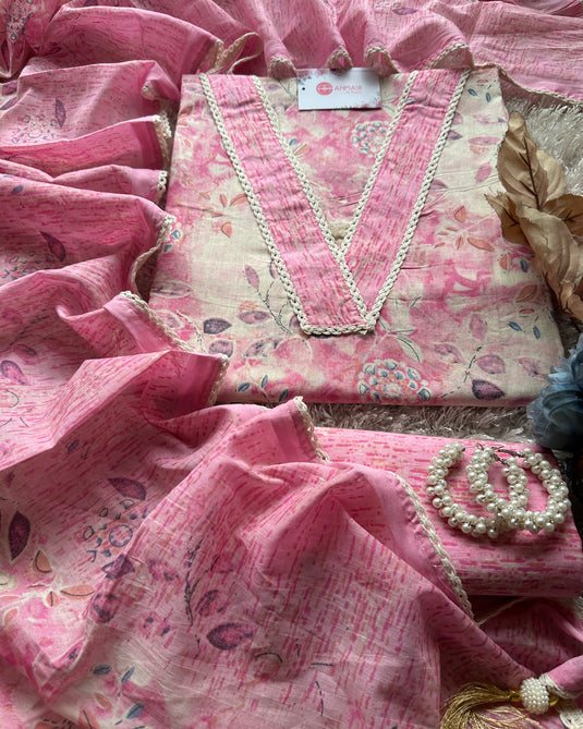 Cambric pastel printed v neck suit set with cotton dupatta