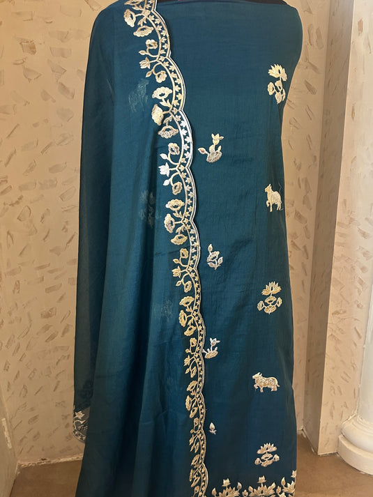 Leather work festive Mul Chanderi suit set