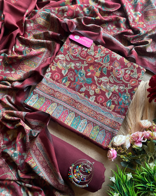 Aari work outline alpine pashmina coloured suit set