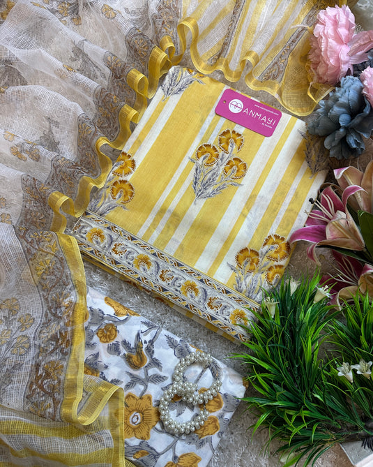 Pure Cotton stripy block print suit with soft Kota dupatta