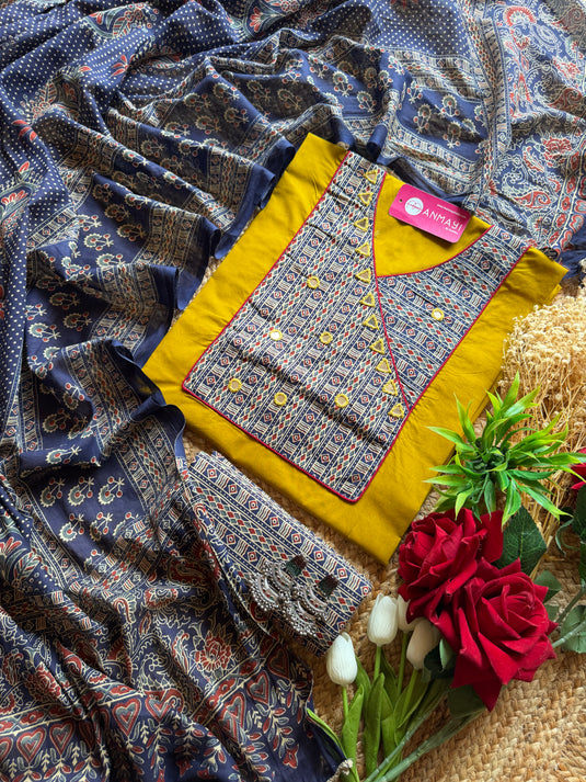Banjara neck cotton suit set with Ajrakh dupatta