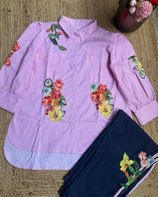 Stripy high low pattern patch pearl detailed coord set with denim bottoms