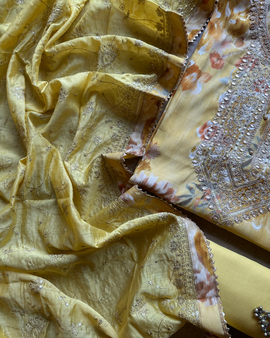 Printed modal floral suit set with golden Dori work