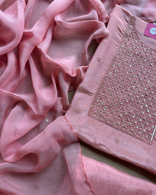 Shimmer tissue embroidered seaquins neck suit set with organza stole