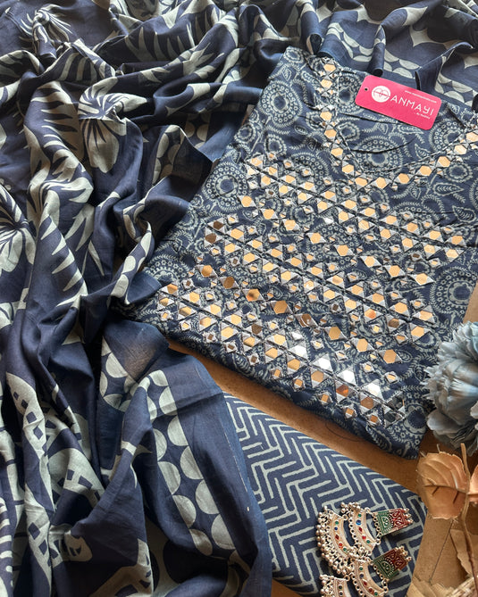 Printed cambric cotton suit with real mirror work