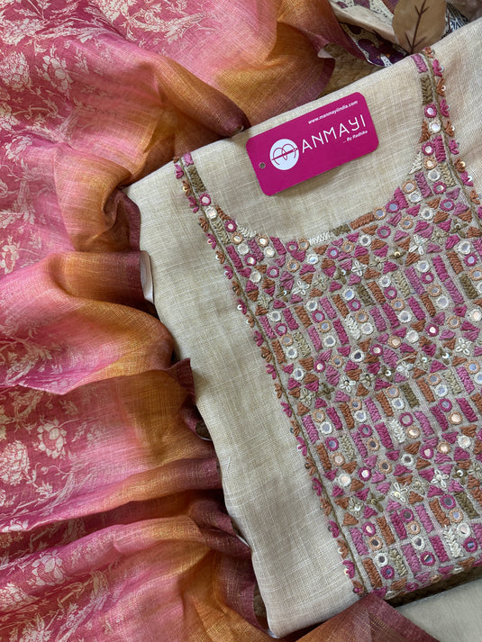 Ombré effect Kantha mirror neck shimmer linen suit with print dupatta