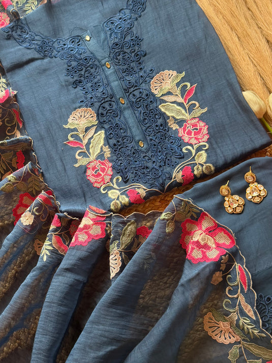Intricate thread schiffli work pure mul cotton suit