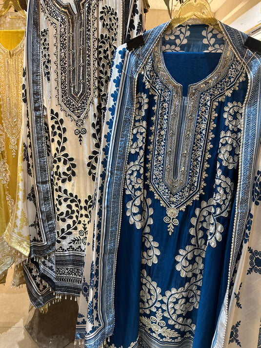 Floral patterned pearl highlight raw silk suit set