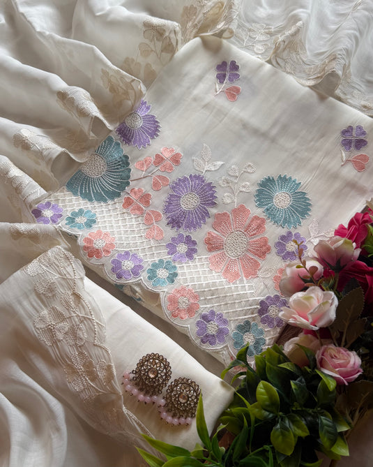 Monsoon pastel flower motifs soft mul chanderi suit set