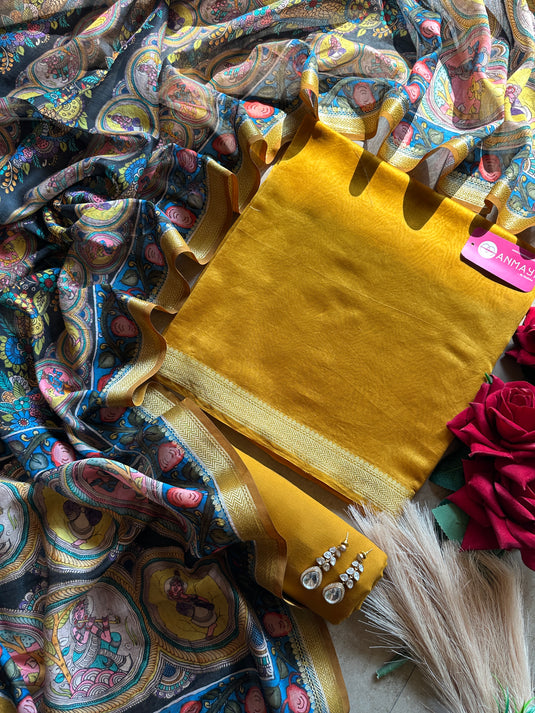 Pure Maheshwari silk south border suit set with kalamkari dupatta