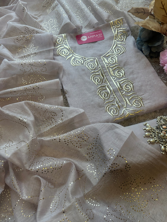 Pita Work mul chanderi pastel suit set by