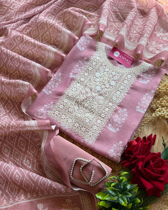 Linen block print square dori neck suit set