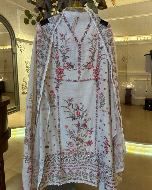 Printed linen Chanderi suits with highlighted thread and mirror details