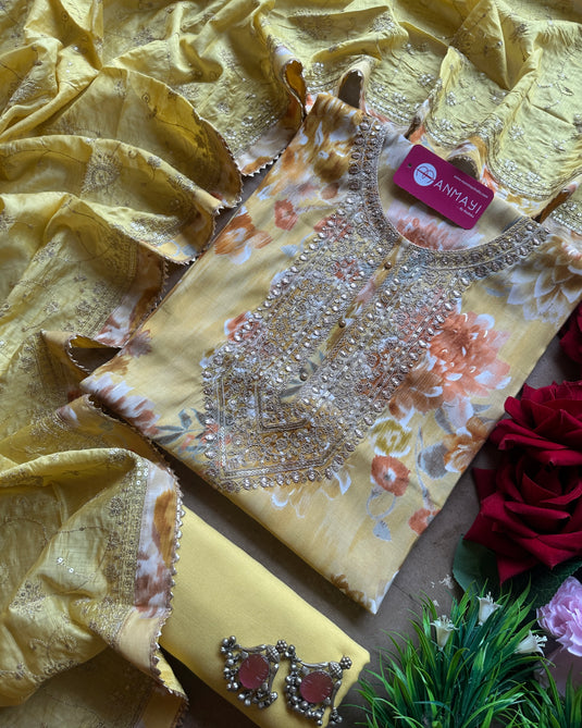 Printed modal floral suit set with golden Dori work