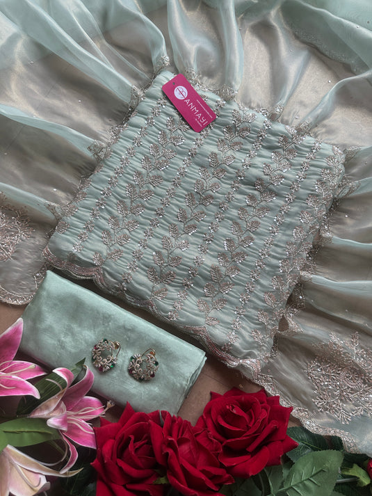 Hand embroidered cutdana work shimmer organza suit set