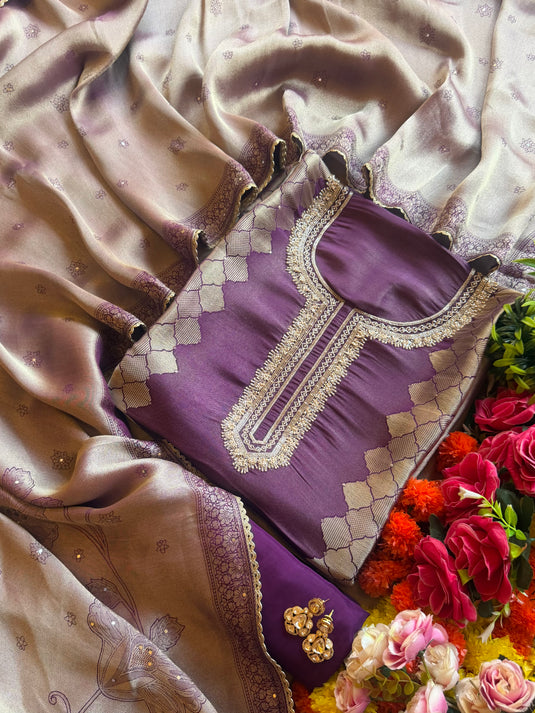 Kanjivaram silver lilac intricate neck work suit set