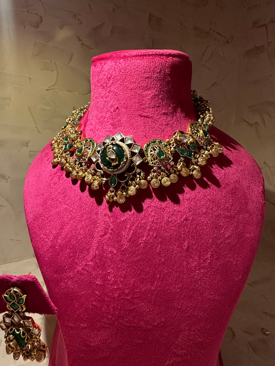 Peacock emerald ghungroo choker set