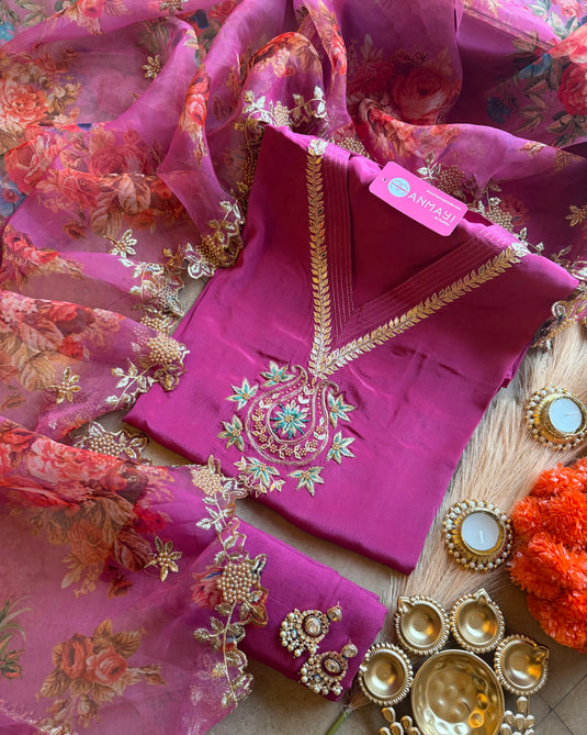 Pure Crepe embroidered v neck suit set