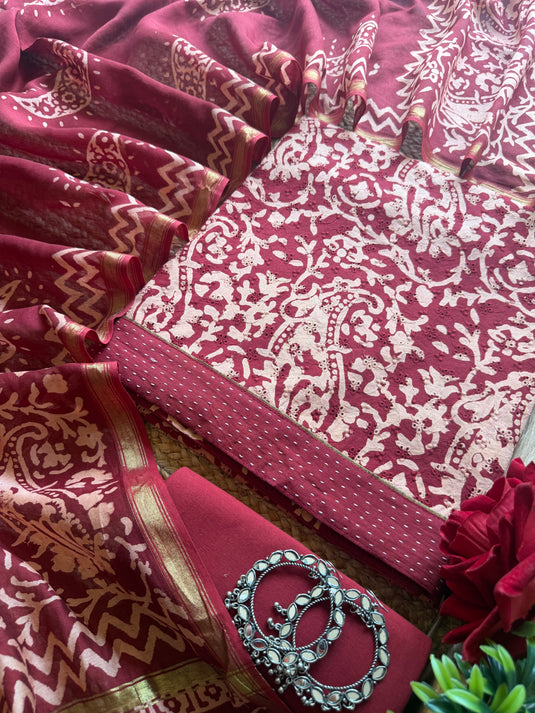 Hakooba Kalamkari print maroon cotton suit set