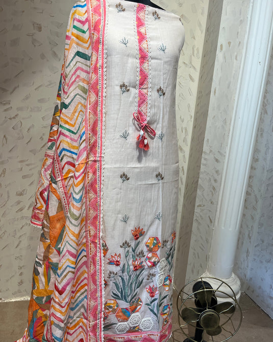 Appliqué work pure mul suits with colour digital print self dupatta