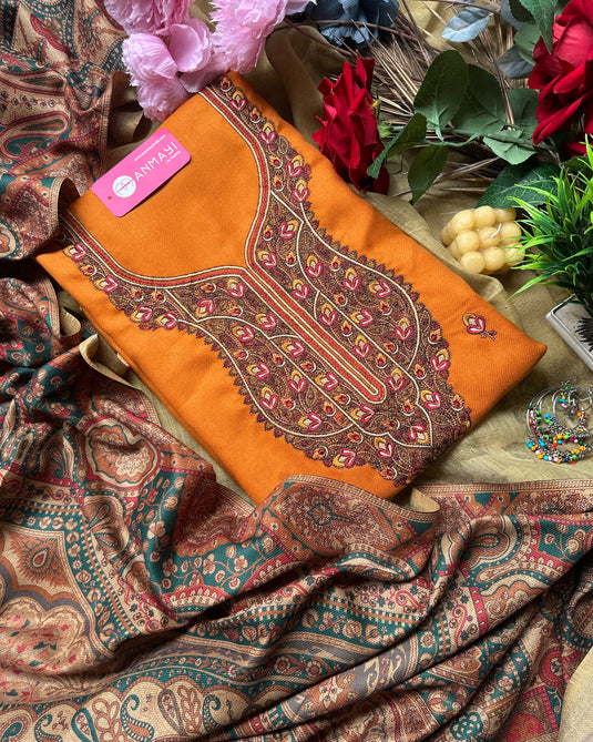 Kashmiri work woollen suits with printed shawls
