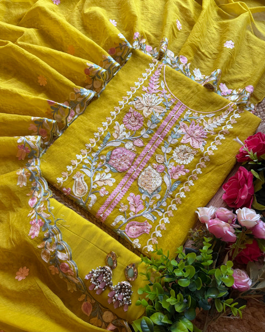Coloured aari work mul chanderi suit set