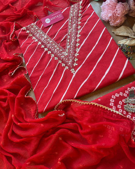 Lehria cotton v neck suit with bandhani chiffon dupatta