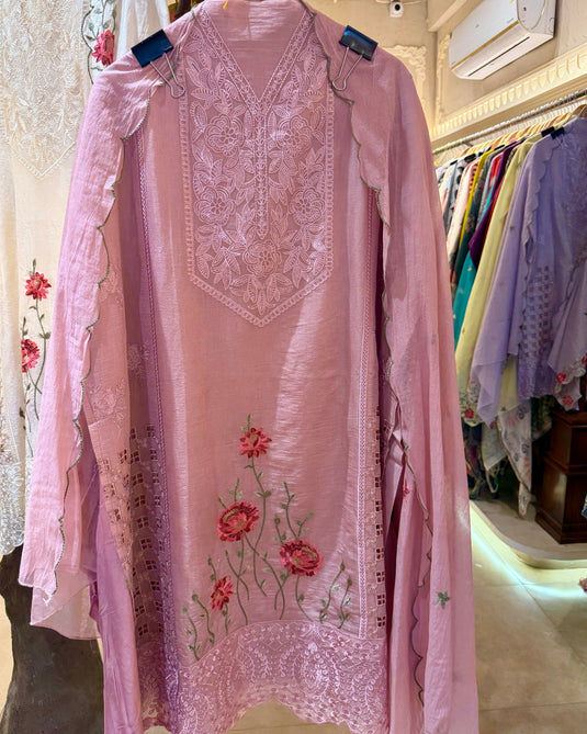 Pakistani Crochet Cutwork detailed Mul Chanderi suit with shimmer effect