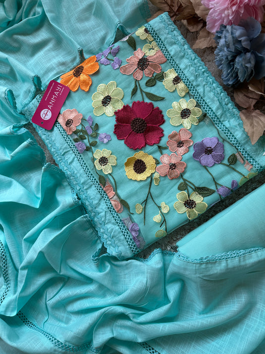 3D floral panel cotton crochet suit set