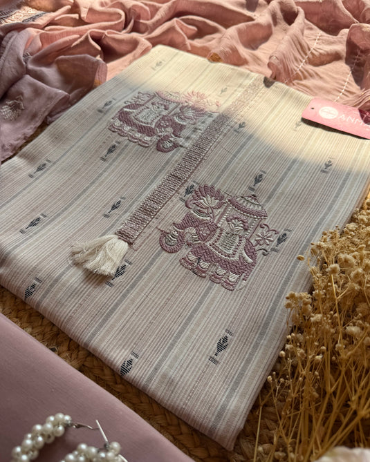 Cotton stripes elephant patch with cotton silk embroidered dupatta