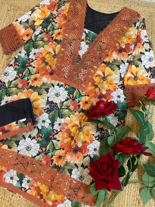 Floral crochet details printed cotton coord set