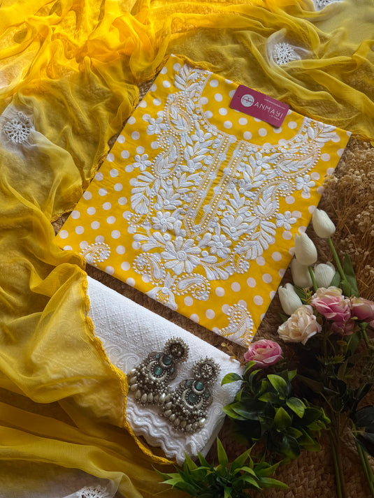 Chikankari neck polka dots suit set with chiffon crochet dupatta