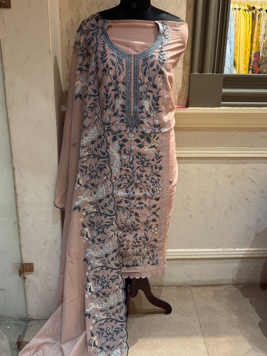 Mul Chanderi Parsi panel pastel work suit set