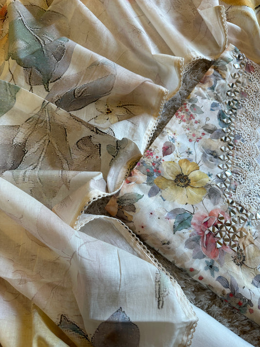 Floral pure cotton mirror neck suit set with digital Mul dupatta