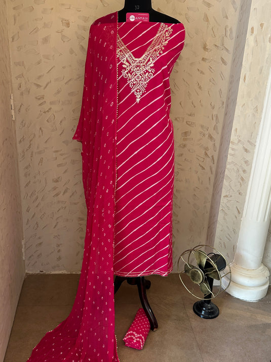 Lehria pure cotton pita work suit set with Bandhani chiffon dupatta