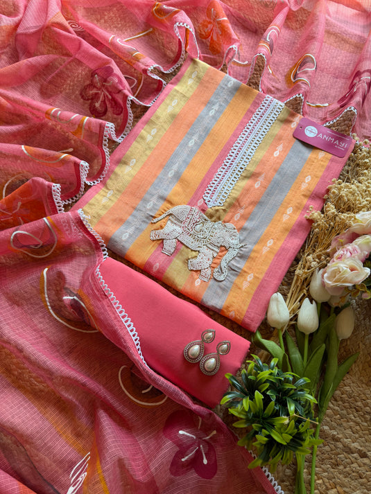 Stripes rainbow pearl elephant suit set with Kota dupatta