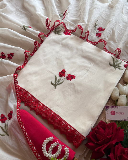 French knots white red cotton suit set
