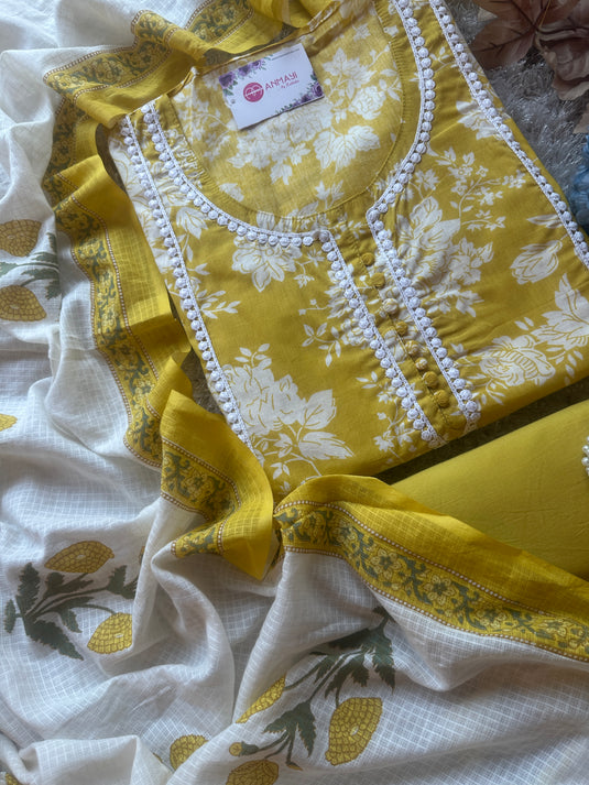Pure cotton floral lace work suit with soft kota doria dupatta