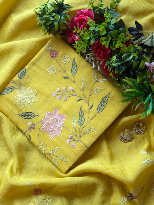 Appliqué work pure mul chanderi suit set
