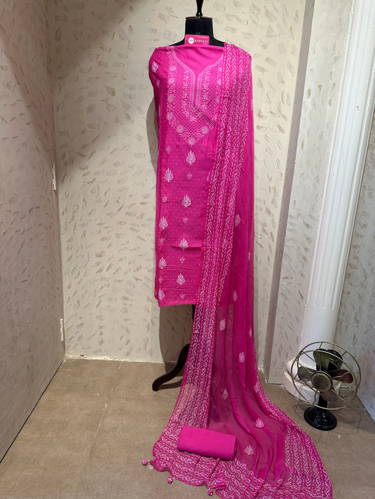 Fuchsia pink lucknawi Chikankari pure cotton suit set with chiffon block print dupatta