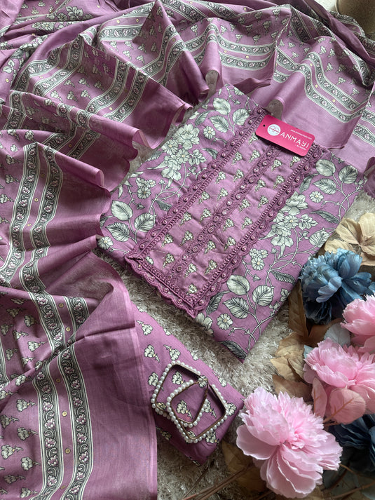 Patterned neck floral print cambric cotton suit