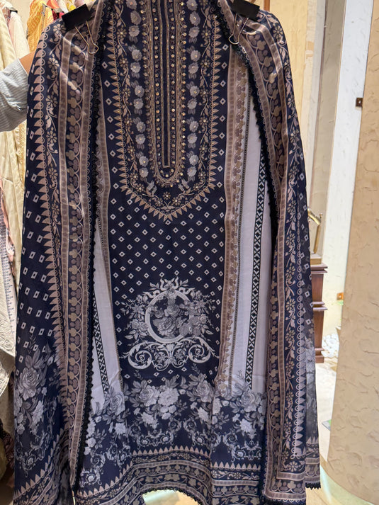 Indigo Bandhani print pure muslin suit set