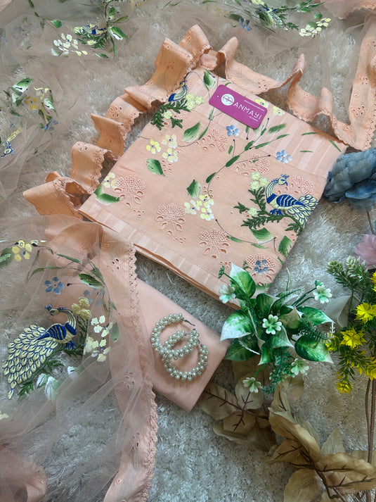 Peacock patched pure cotton suit with handpaint soft net dupatta and Hakooba details