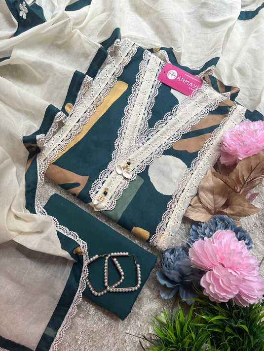 Abstract dark shades hakooba lace patterned pure cotton suit set