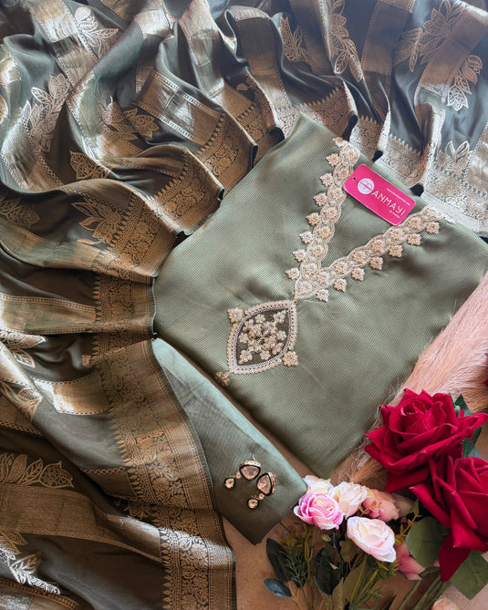 Shimmer lines cotton silk suit set with jacquard silk dupatta