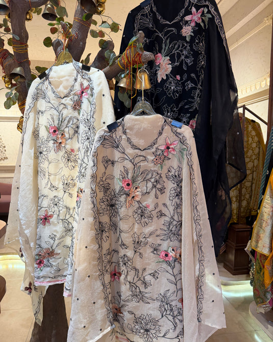 Organza Pakistani suit set with machine embroidered work and shimmer effect