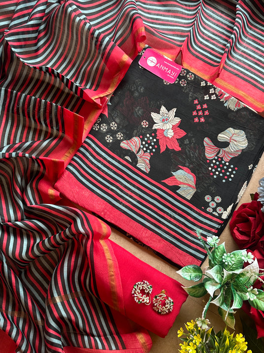 Sea flower printed pure Maheshwari suit set