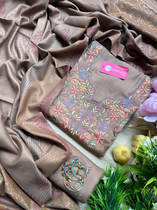 Soft Pashmina Parsi work suits with block print details