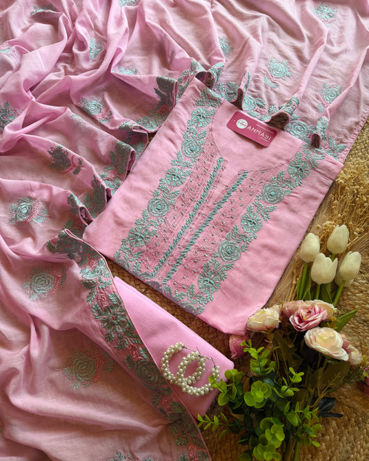 Intricate neck rose Mul cotton suit set